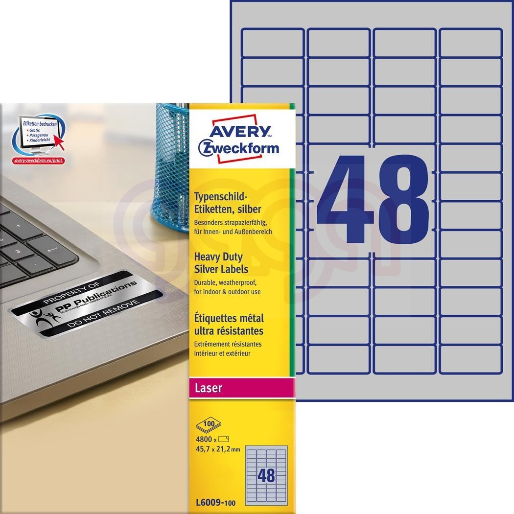 Etykiety znamionowe L6009-100 45,7x21,2 100 ark. srebrne, poliestrowe, Avery Zweckform Etykiety znamionowe L6009-100 45,7x21,2 100 ark. srebrne, poliestrowe, Avery Zweckform