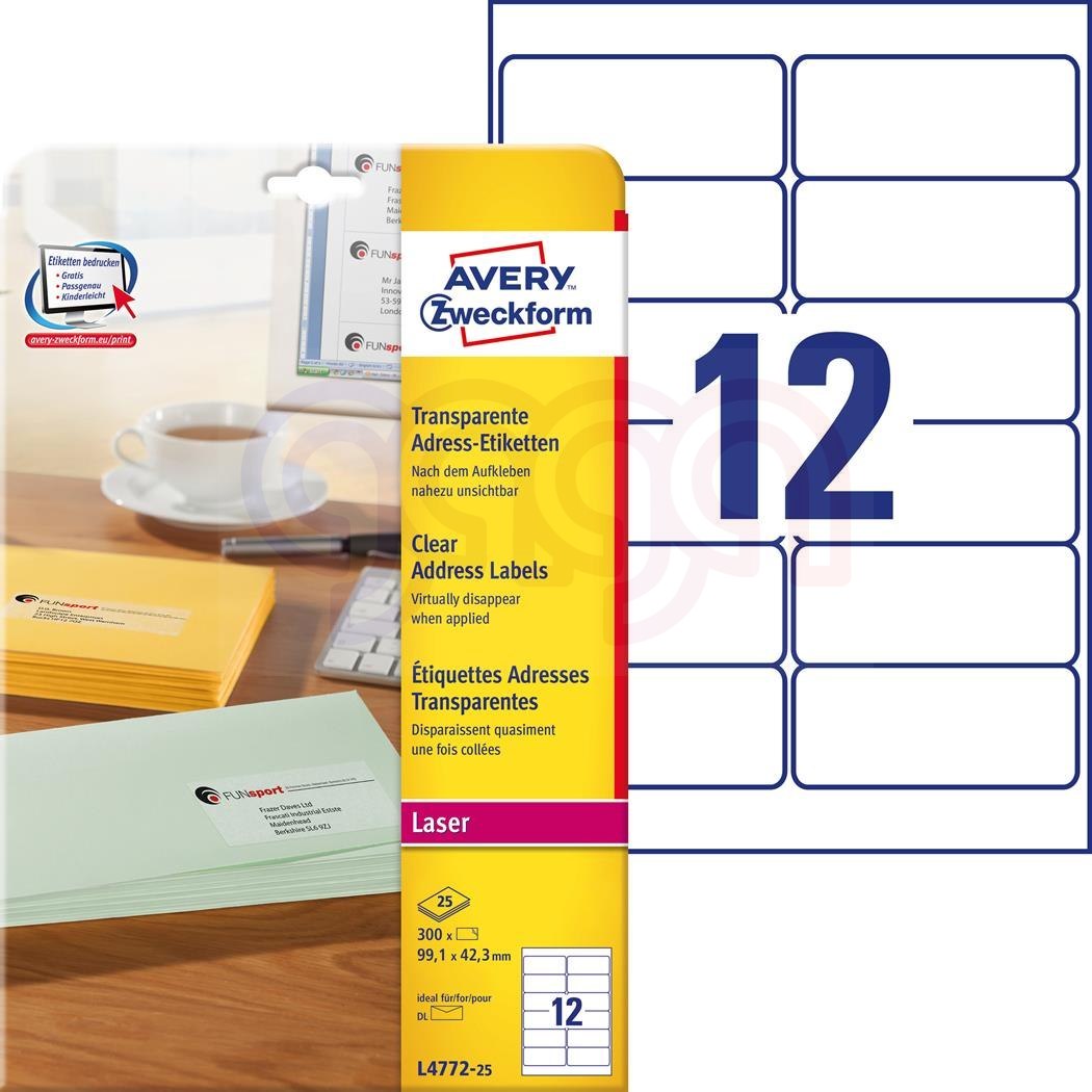 Etykiety adresowe L4772-25 99,1 x 42,3 25 ark przezroczyste, Avery Zweckform Etykiety adresowe L4772-25 99,1 x 42,3 25 ark przezroczyste, Avery Zweckform