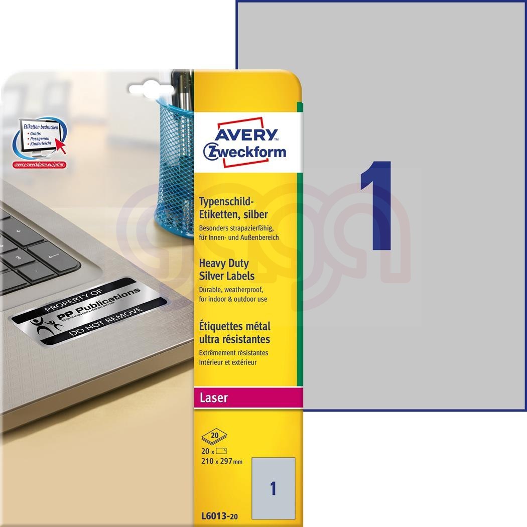 Etykiety znamionowe L6013-20 210 x 297 20 ark. poliestrowe, srebrne Avery Zweckform Etykiety znamionowe L6013-20 210 x 297 20 ark. poliestrowe, srebrne Avery Zweckform