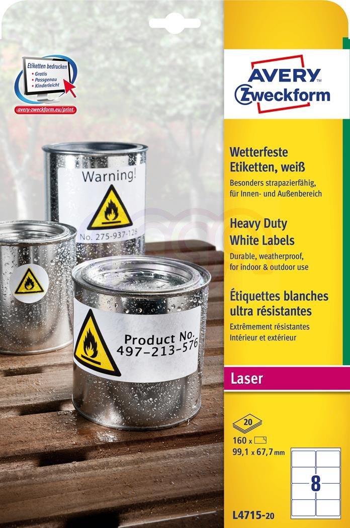 Etykiety Heavy Duty L4715-20 99,1 x 67,7 20 ark Avery Zweckform, białe, poliestrowe Etykiety Heavy Duty L4715-20 99,1 x 67,7 20 ark Avery Zweckform, białe, poliestrowe