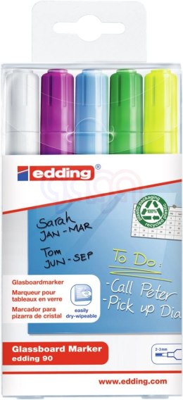 Marker EDDING do tablic szklanych biały + mix kolorów, etui 5 szt. 90/5s/049/b ed