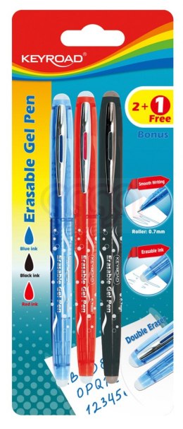 Długopis KEYROAD, 0,7mm, wymazywalny, 2szt. + 1 gratis, blister, mix kolorów