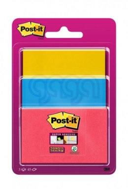 Karteczki samoprzylepne POST-IT® Super Sticky (3432SS3-BYP-EU), 47,6x47,6mm, 3x45 kart., zawieszka, mix kolorów
