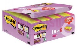Karteczki samoprzylepne POST-IT® Super Sticky (622-P24SSCOL), 47,6x47,6mm, 18+6x90 kart., mix kolorów, GRATIS