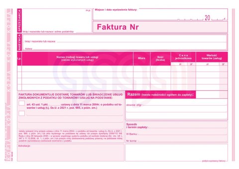 198-3E Faktura. Czynności zwolnione z podatku na podstawie art. 43 ust. 1 pkt. 2-41 ustawy z dnia 11 marca 2004 r. o podatku od 