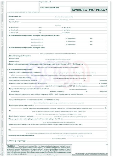 501-1K Świadectwo pracy 501-1N