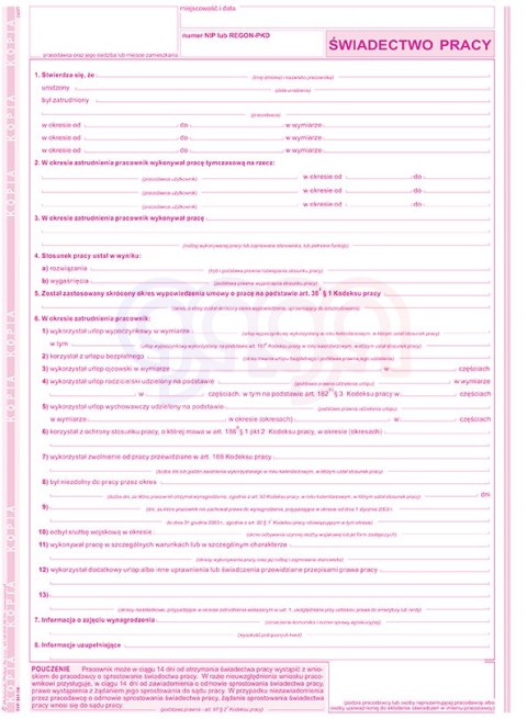 501-1K Świadectwo pracy 501-1N