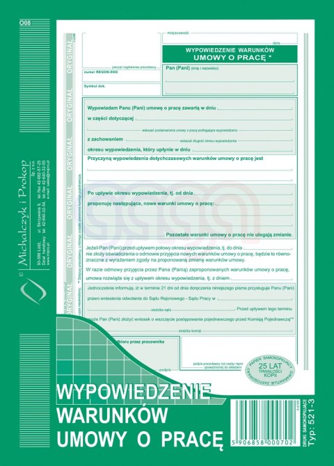 521-3 Wypowiedzenie warunków umowy o pracę 521-3