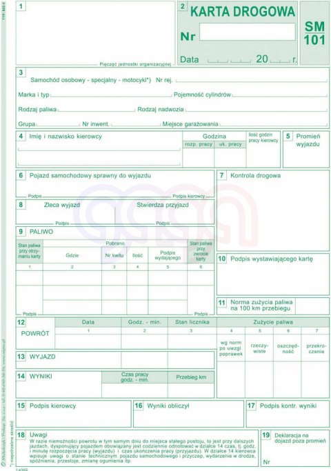 802-3N Karta drogowa sm/101 numerowana (samochód osobowy) 802-3N