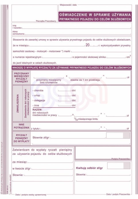 811-3 Oświadczenie w sprawie używania pojazdu prywatnego do celów służbowych 811-3