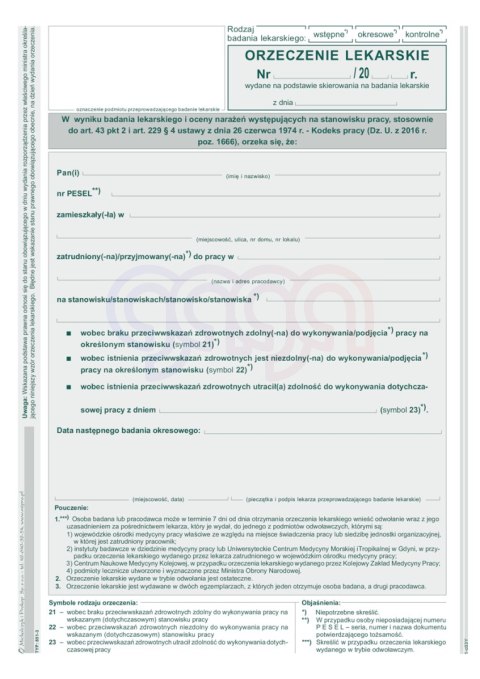 851-3 Orzeczenie lekarskie typ-1 851-3