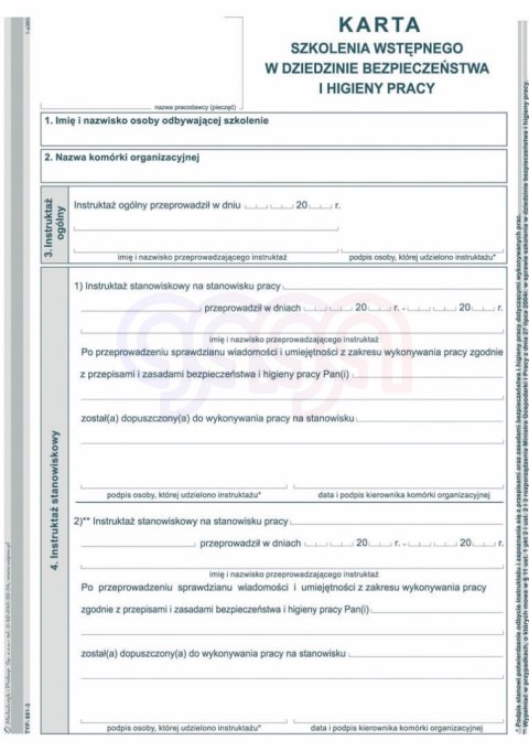 881-3 Karta szkolenia wstępnegow dziedzinie bezpieczeństwa i higieny pracy 881-3