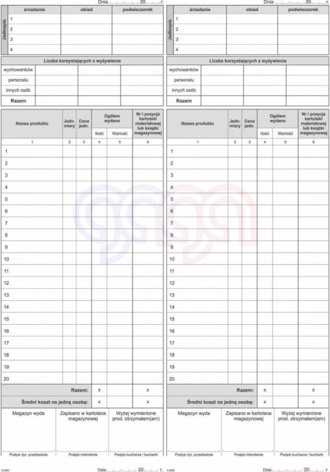 A-10-1 Dziennik żywieniowy przedszkola A-10-1