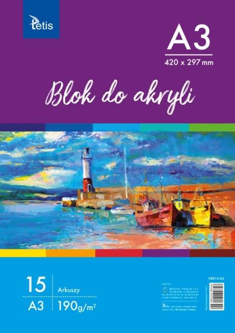 Blok do akryli A3, 190 g/m2, 15 ark. Tetis