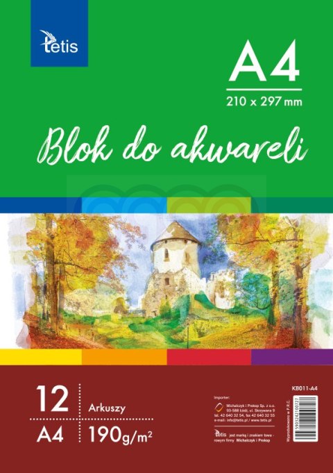 Blok do akwareli A4, 190 g/m2, 12 ark. Tetis