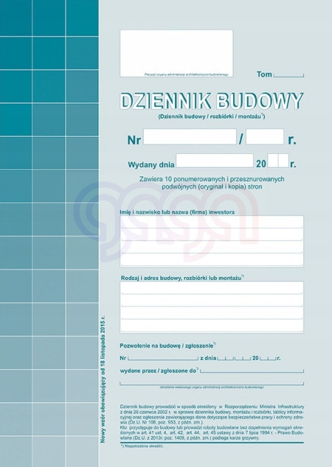 Druk Dziennik Budowy 10 kpl A4 20 kartek zeszyt