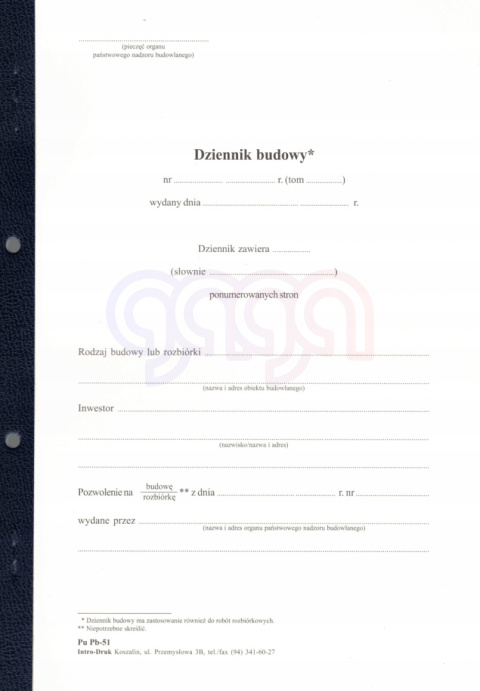 Dziennik budowy A4, 68 kartek samokopiujący