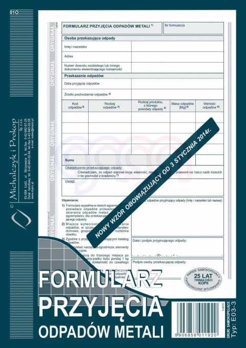 E03-3 Formularz przyjęcia odpadów metali E03-3