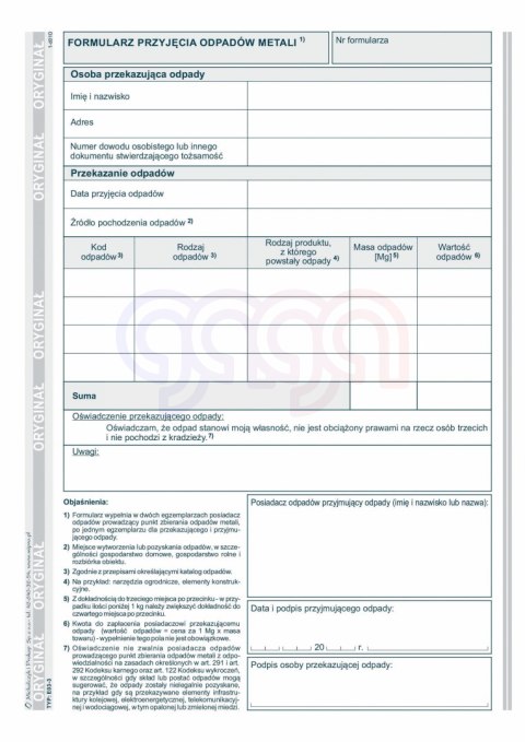 E03-3 Formularz przyjęcia odpadów metali E03-3