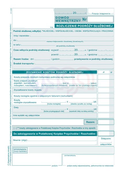 K21 Dowód wewnętrzny rozliczenie podróży służbowej K-21