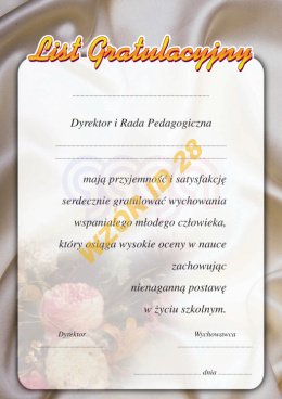 LIST GRATULACYJNY Z WDRUKOWANYM TEKSTEM