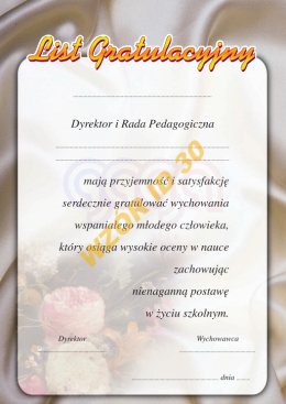 LIST GRATULACYJNY Z WDRUKOWANYM TEKSTEM