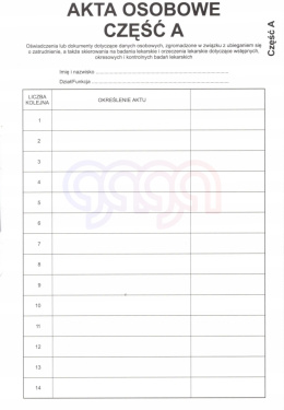 WKŁADKA DO TECZEK AKT OSOBOWYCH CZĘŚĆ A