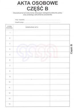 WKŁADKA DO TECZEK AKT OSOBOWYCH CZĘŚĆ B