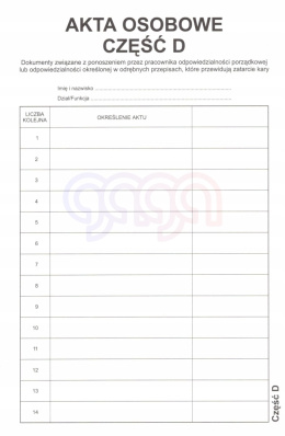 WKŁADKA DO TECZEK AKT OSOBOWYCH CZĘŚĆ D