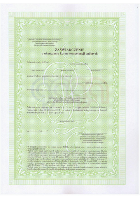 ZAŚWIADCZENIE O UKOŃCZENIU KURSU KOMPETENCJI OGÓLNYCH
