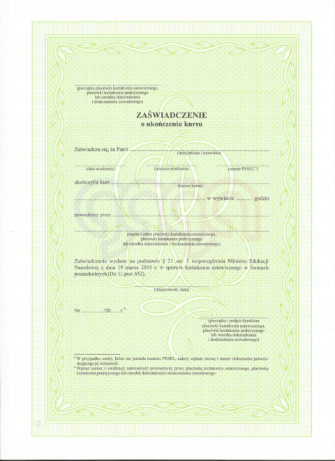 ZAŚWIADCZENIE O UKOŃCZENIU KURSU