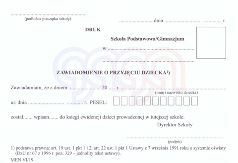 ZAWIADOMIENIE O PRZYJĘCIU DZIECKA