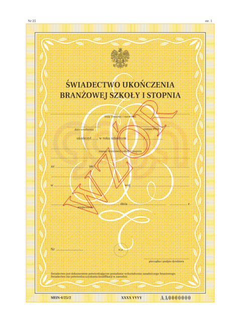 ŚWIADECTWO UKOŃCZENIA BRANŻOWEJ SZKOŁY I STOPNIA Z ZABEZPIECZENIAMI MEIN-I/25/2