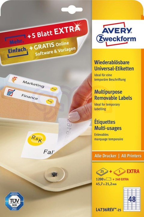 Etykiety uniwersalne L4736REV-25 45,7x21,2 30ark Usuwalne, białe, Avery Zweckform