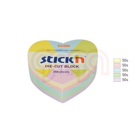Notes serce, 64x67mm, mix 5 kol. pastelowych, 250kart. Stickn 21835