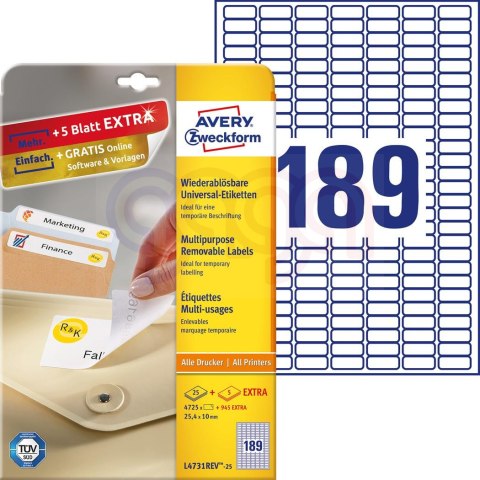 Etykiety uniwersalne L4731REV-25 25,4 x 10 30ark Usuwalne, Avery Zweckform