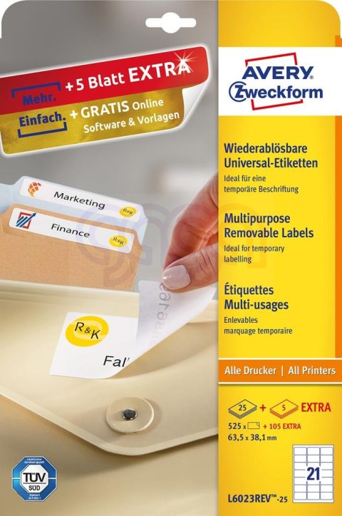 Etykiety uniwersalne L6023REV-25 63,5x38,1 30ark Usuwalne, Avery Zweckform
