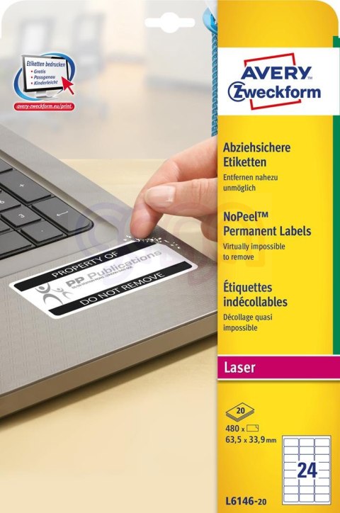Etykiety NoPeel L6146-20 63,5 x 33,9 20 ark Avery Zweckform (X)