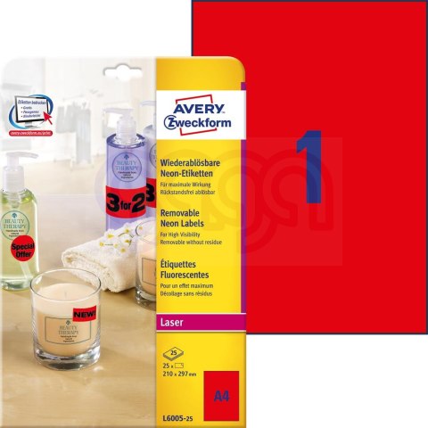 Etykiety czerwone neon L6005-25 210 x 297 25ark Usuwalne, Avery Zweckform (X)