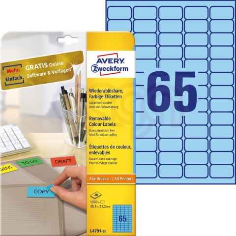 Etykiety niebieskie L4791-20 38,1 x 21,2 20ark Usuwalne, Avery Zweckform