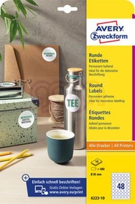Etykiety o nietypowych kształtach, A4, 10 ark./op., Q30 mm, okrągłe, usuwalne, AVERY ZWECKFORM, 6223REV-10
