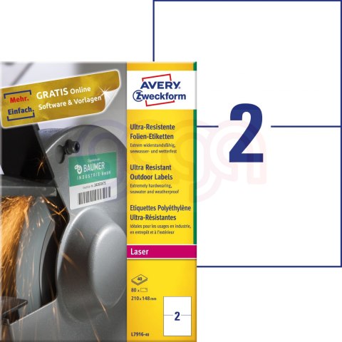 Etykiety polietylenowe ultra resistant, A4, 40 ark./op., 210x148mm, AVERY ZWECKFORM, L7916-40 SALE